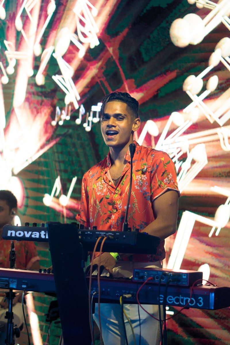 Dilranga playing keys and synth for Funk Island